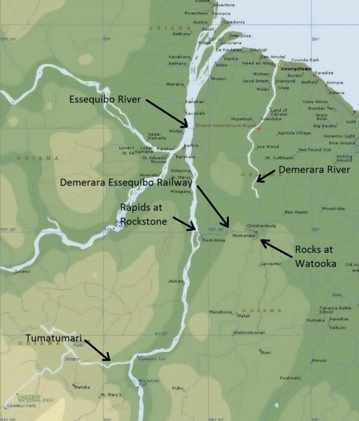 แผนที่ของ essequibo ชายฝั่งน้ำเงินเขียว